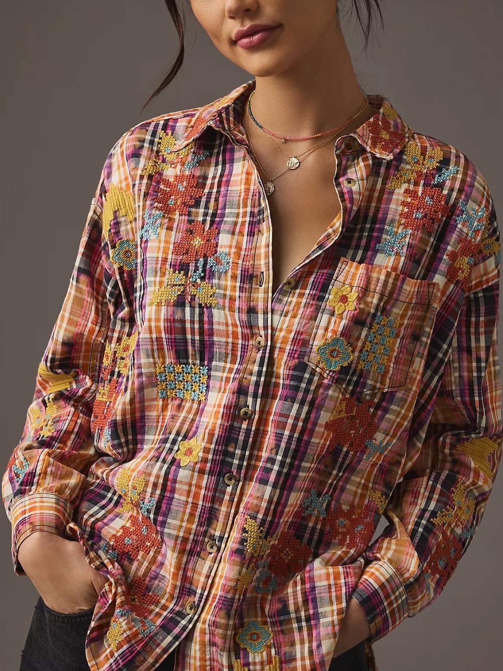 Anthropology PILCRO Plaid Crafted Buttondown Embroidered Cotton Shirt Size M